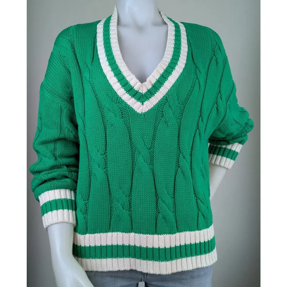 Aerie Cable Knit Sweater Medium Green White Striped V Neck Varsity Oversized